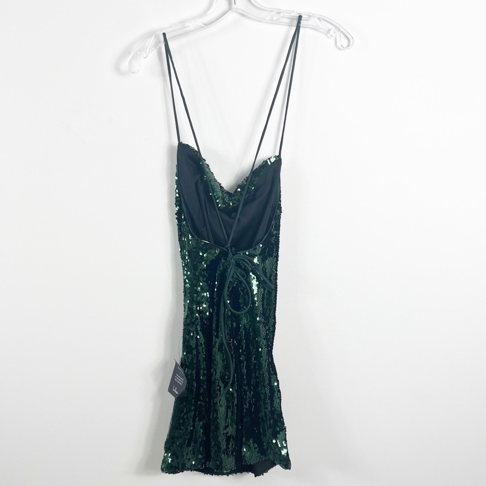 Lulus Sequin Sparkle Emerald Lace-Up Back Mini Bodycon Dress Size XL NWT - Picture 3 of 4